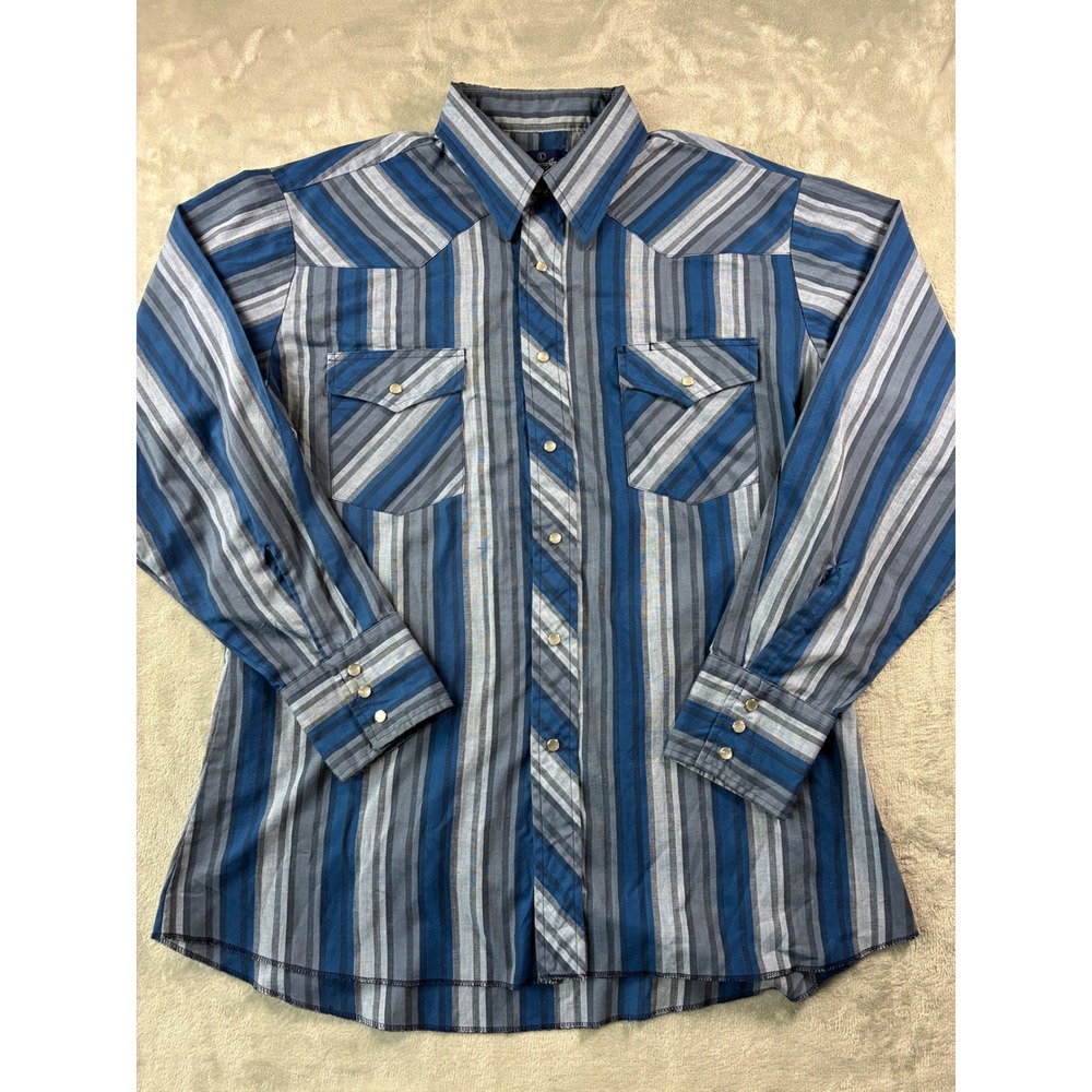 Wrangler Mens Blue Grey Striped Long Sleeve Western Snap Shirt Large